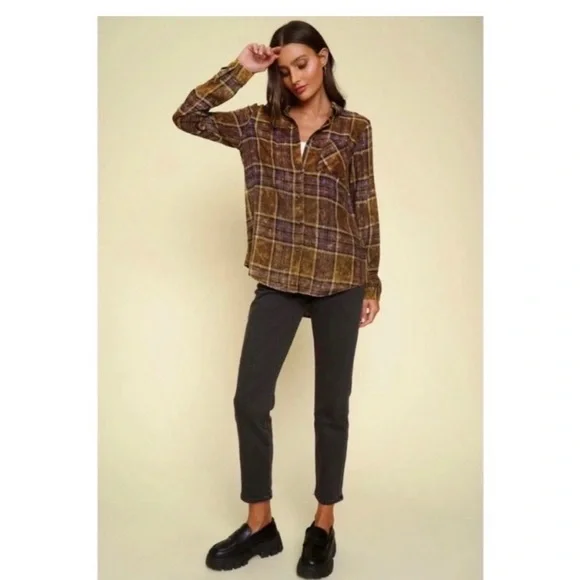 MYSTREE Washed Plaid Flannel Top - Picture 2 of 8